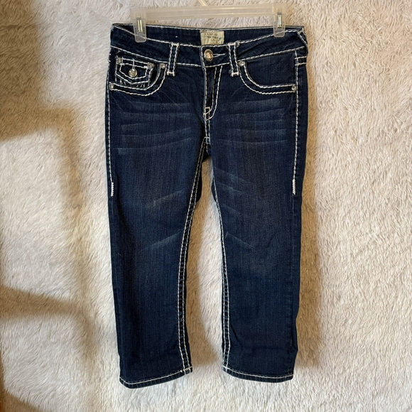 L.A.IDOL Dark Wash Juniors Jeans Size 5 Thick Stitch CZ Cropped Capri - Picture 4 of 9
